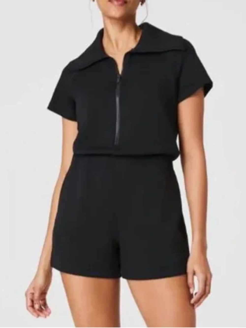 NEW SPANX airessentials half zip romper in very black Large